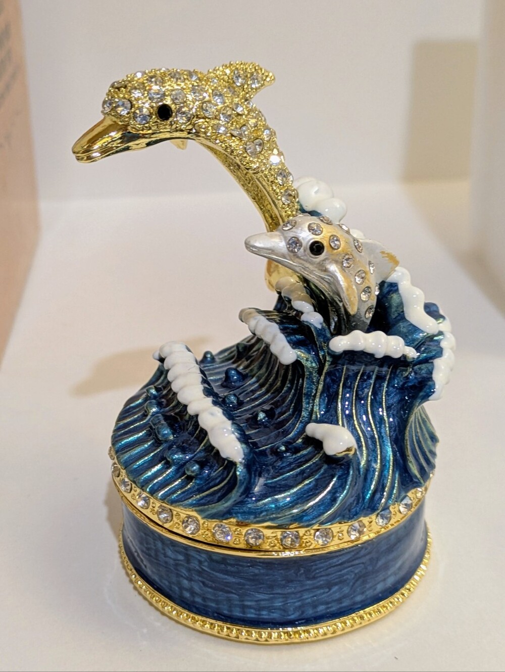 NWT Trinket Box Retired Bejeweled Enameled Dolphin and Baby
